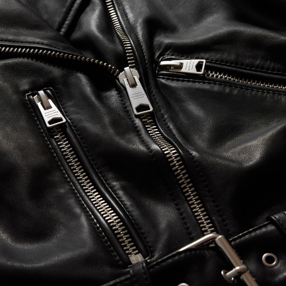 All Saints Black Balfern Belted Hem Leather Biker Jacket Size 2 - Picture 10 of 13
